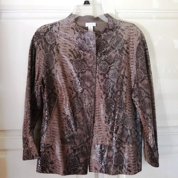 Chico's Snakeskin Leather 3/4 Sleeve Button Up Jacket in Taupe Multi, Size 2 EUC - Picture 1 of 4